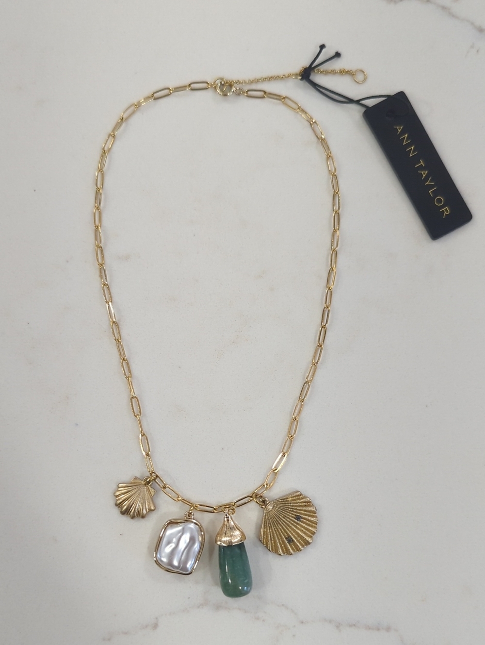 Ann Taylor Gold Chain Necklace with Green Gem Seashells and Pearl Drop